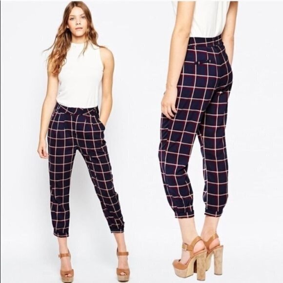 Anthro Elevenses Portside Plaid Navy Blue Trousers XXSP - Picture 1 of 13